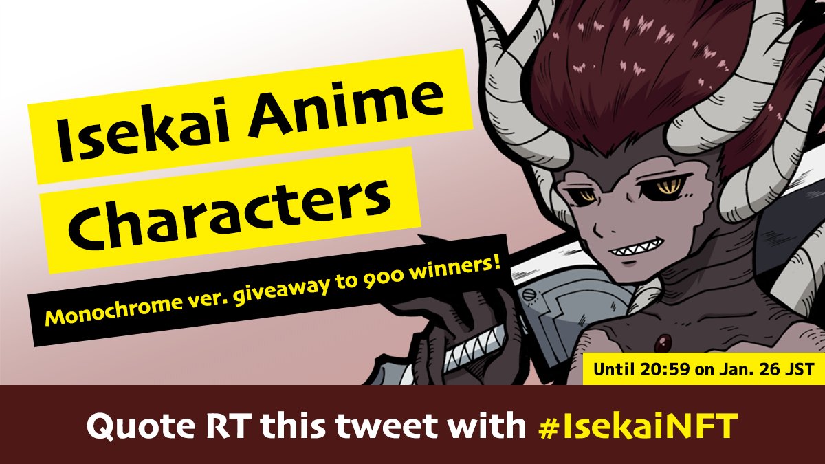 NFTTmarket_EN's tweet photo. Isekai Anime Characters⚡
Accepting offers for #005✨
*Top 3 offerors excluding purchaser will receive a "Monochrome ver. with attack effects"🎁

https://t.co/uUZq8zHTOg

Quote RT to win a monochrome ver.❗

Entry
1 Quote RT with #IsekaiNFT
2 Apply from https://t.co/ESTEg0gBXx https://t.co/N8u8EMIoqZ