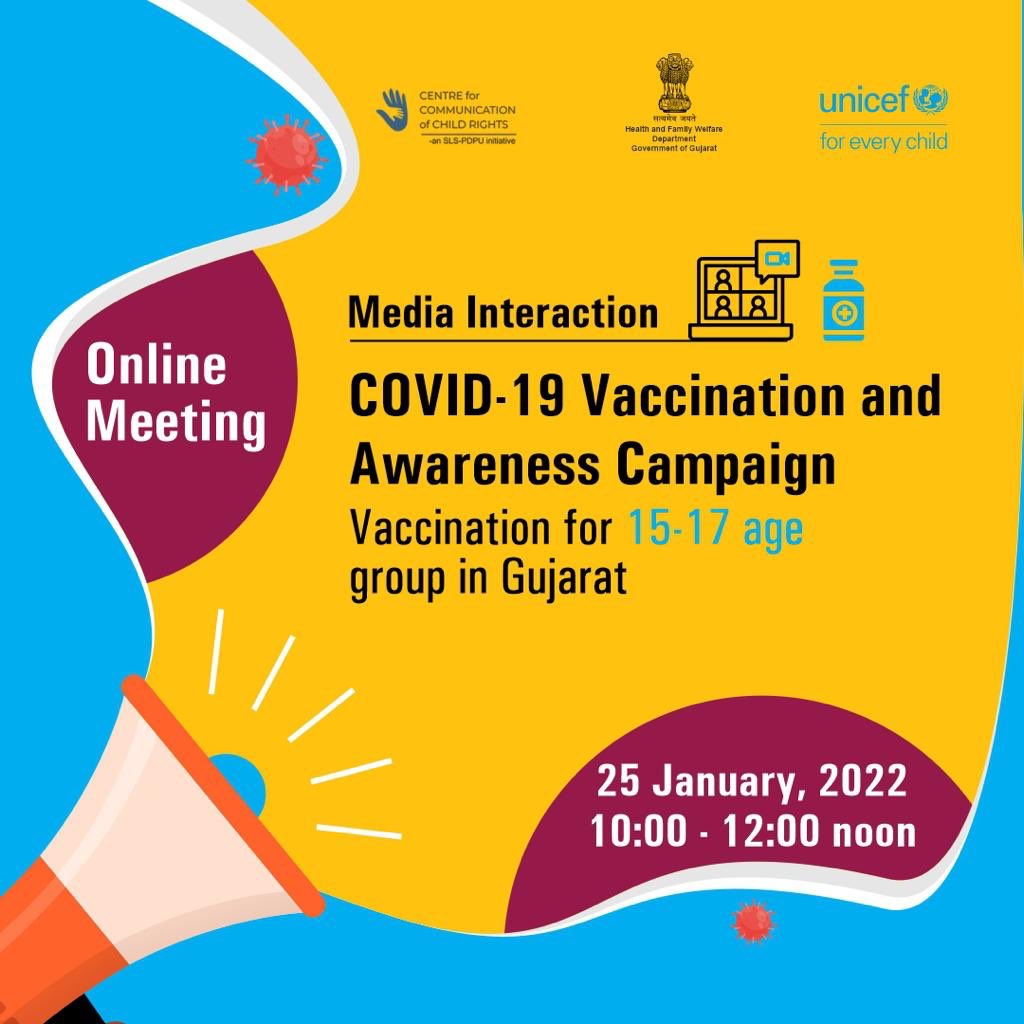 DDNewsGujarati's tweet photo. .@UNICEFIndia, @CCCRPDEU અને @MoHFW_GUJARAT ના સંયુક્ત ઉપક્રમમાં 25મી જાન્યુઆરીના રોજ સવારે 10 થી 12 વાગ્યા દરમિયાન 15 થી 17 વર્ષની વય જૂથમાં કોરોનાની રસી અંગે જાગૃતિ અને તેનું મહત્વ સમજાવતો ઓનલાઇન મીડિયા ઈન્ટરેક્શન કાર્યક્રમ યોજાશે.

#vaccination #vaccine https://t.co/siRreRjAOw