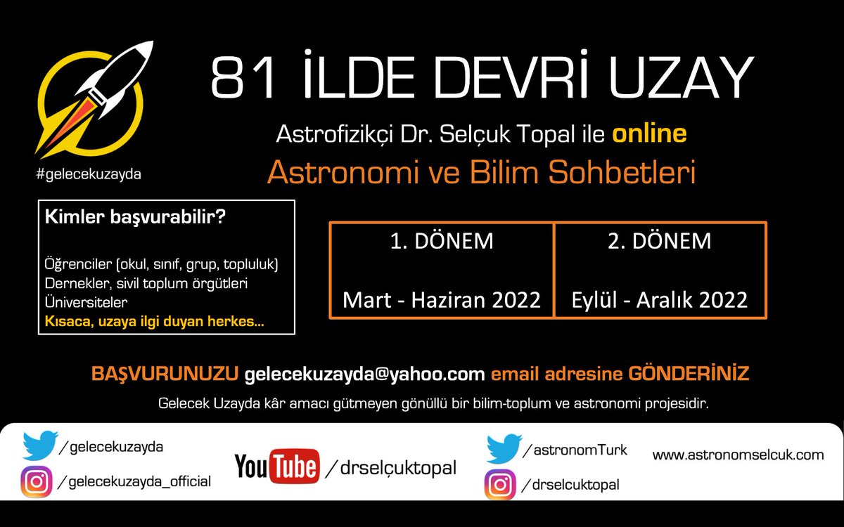 Bu gönüllü işin daha fazla insana ulaşması için lütfen RT!

Biliyorsunuz son 9 yıldır yılda onlarca seminer veriyorum. Artık bu seminerlerin özel bir adı var. Bu sene daha fazla vakit ayırmayı ve uzaya ve bilime gönül vermiş daha çok insana ulaşmayı hedefliyorum!