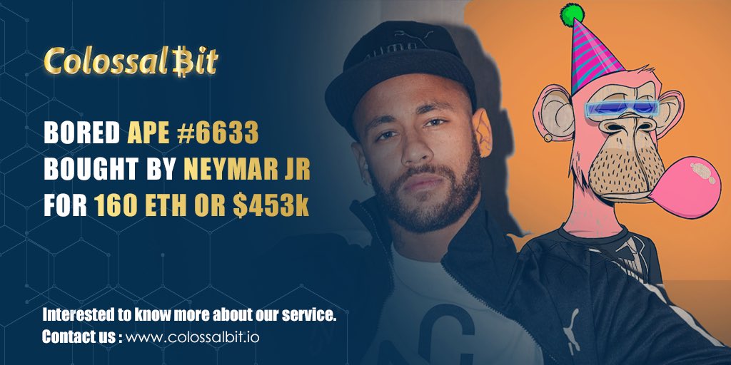 ColossalBit's tweet photo. Bored Ape #6633 has been bought for over $450k by soccer superstar @neymarjr as he officially entered the NFT world 🌐
👉 The NFT collection is currently at 82 ETH price floor and has totalled to 12,500 ETH sales in secondary this week💰
#nft #colossalbit https://t.co/GqsUnMWCrU