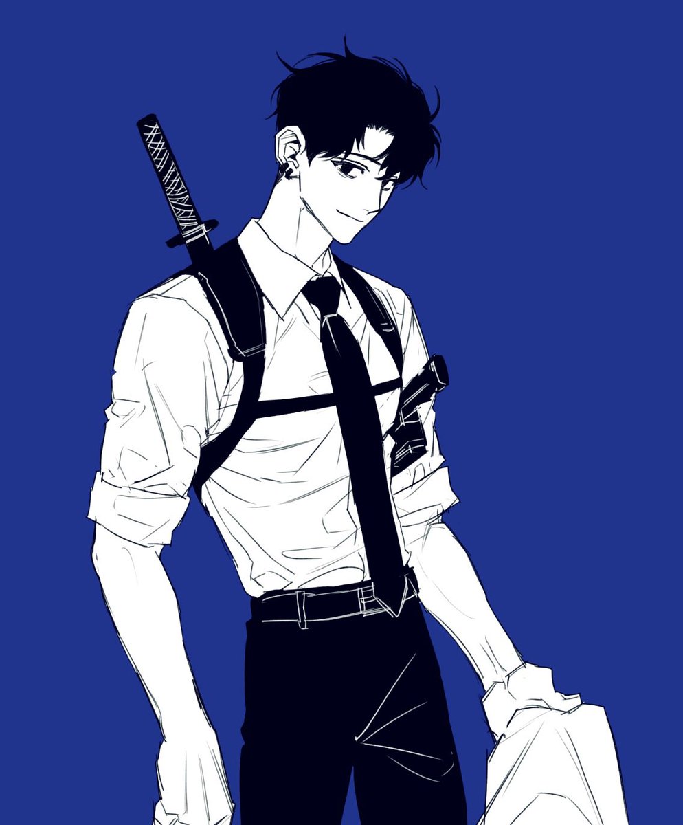 1boy weapon shirt male focus necktie sword solo  illustration images