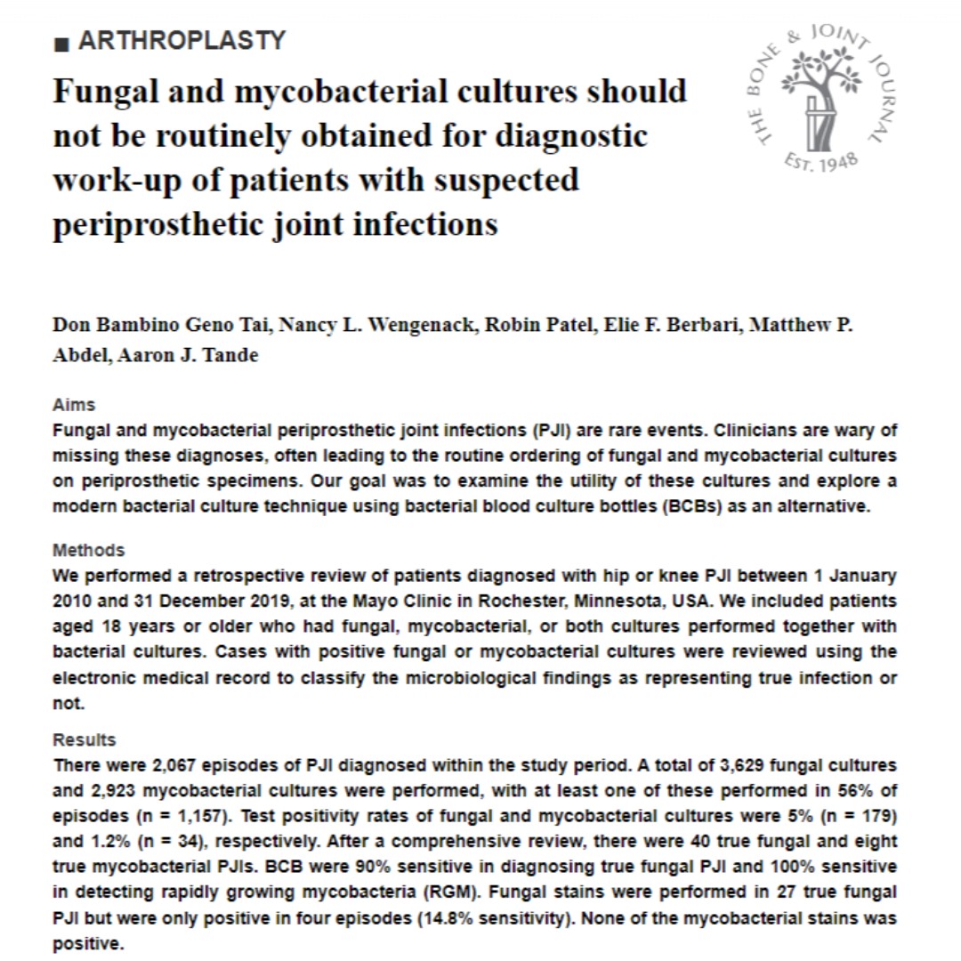 The authors performed a retrospective review of patients diagnosed with hip or knee PJI who had fungal, mycobacterial, or both cultures performed together with bacterial cultures.

#orthotwitter #infection

online.boneandjoint.org.uk/doi/full/10.13…