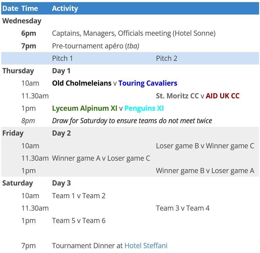 COI_StMoritz's tweet photo. COI Match Schedule 2022

The match schedule for #COI 2022 has been announced. As is traditional, the Old Cholmeleians will start the tournament &amp; face the Touring Cavaliers in the first match on Thursday 17th February at 10am https://t.co/c2Y7SeSR6i https://t.co/TdelHY8VYf