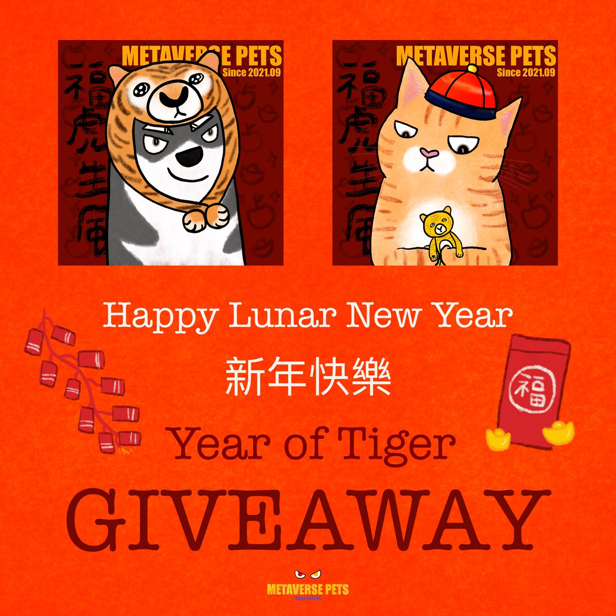 MetaversePets's tweet photo. 🧧 GIVEAWAY 🧧

1️⃣ Follow @MetaversePets 
2️⃣ Retweet + Like
3️⃣ Tag 3 friends
4️⃣ Join Discord: https://t.co/340SjBJv4F
5️⃣ Paste the proof in #🐯-year-of-tiger-giveaway-proof channel

#NFTs #NFTGiveaway #nftart #NFTCollection https://t.co/JgnZ4bWcIm