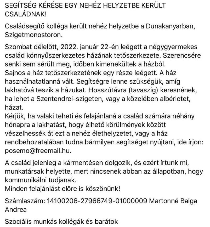 jevuska91's tweet photo. Tegnap délelőtt egy közvetlenül velem dolgozó kolléganő krízishelyzetetbe került. A könnyűszerkezetes házuk egy része elektromos tűz miatt leégett, a ház lakhatatlan állapotba került.
Ha esetleg bárki tud nekik segíteni, az a képen megtalálja az információkat és a módot. https://t.co/9CFCI7WSEk