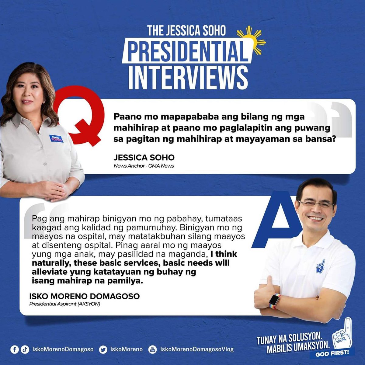 IskoMoreno's tweet photo. Sa aking simpleng pananaw, dapat ang prayoridad natin bilang pamahalaan ay bigyan ng basic services ang ating mga kababayan.

These basic services, basic needs will alleviate yung katayuan ng buhay ng isang pamilya.

#KayIskoPosible https://t.co/dOpKfGJWDq