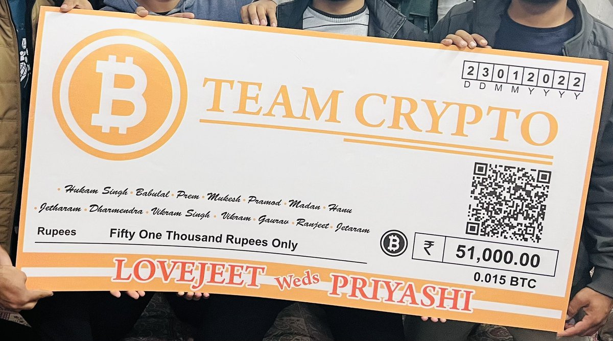 imHukam's tweet photo. Special wedding gift from TEAM CRYPTO 🎁🎁
51,000/- INR worth of $BTC (0.015 BTC)
#BITCOIN #TeamCrypto https://t.co/lfrXx41Vsl