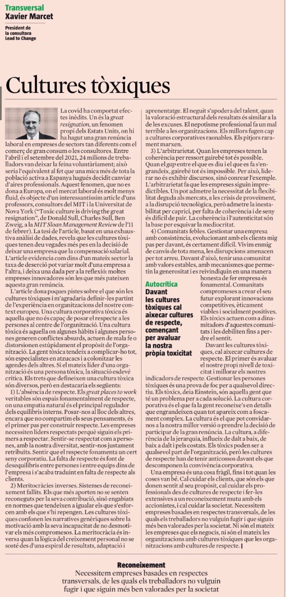 La cultura del respecte, més que la jerarquia, ha d’impregnar les organitzacions en tots els sentits i perspectives. Serà la clau d’un bon clima de treball on les persones tòxiques deixen de tenir influència by <a href="/XavierMarcet/">Xavier Marcet</a> Cc @Ramon_Marti_KY <a href="/malmuni1/">Victòria Almuni</a>