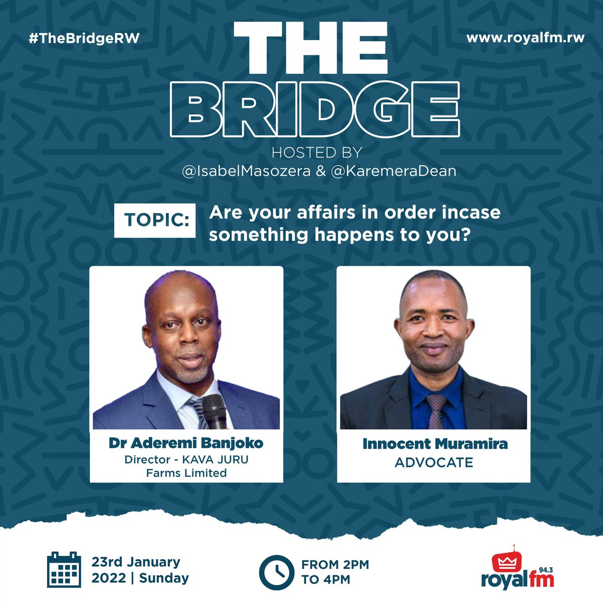 TheBridgeRw's tweet photo. What is an Estate Plan? Should I have a Will or a Trust? 

How best can we plan for the inevitable, ‘death’?

@Innocentlaw_  and @AderemiBanjoko answer these questions and more 2-4pm on @RoyalFMRwanda https://t.co/FoEo8zYp6S