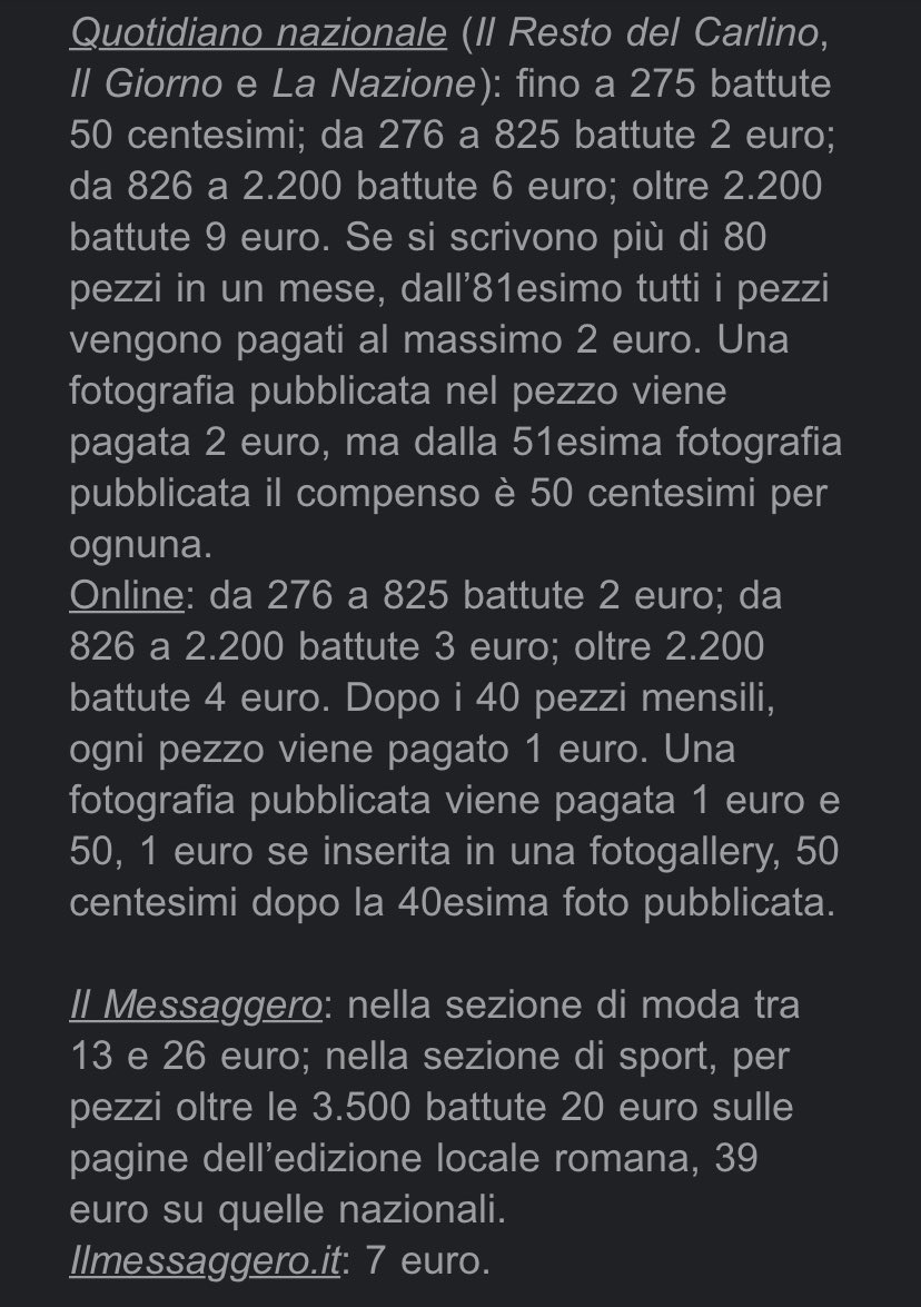 AndreaFdeCesco's tweet photo. “Charlie”, la newsletter de @ilpost sul mondo del giornalismo, ha pubblicato i compensi dei principali giornali italiani per un singolo pezzo. Sono, in sostanza, i compensi dei collaboratori. Mi pare chiaro che con queste cifre sia impossibile fare giornalismo di qualità. https://t.co/38PjY4SiJX