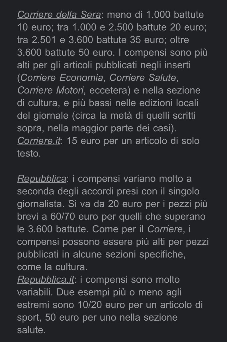 AndreaFdeCesco's tweet photo. “Charlie”, la newsletter de @ilpost sul mondo del giornalismo, ha pubblicato i compensi dei principali giornali italiani per un singolo pezzo. Sono, in sostanza, i compensi dei collaboratori. Mi pare chiaro che con queste cifre sia impossibile fare giornalismo di qualità. https://t.co/38PjY4SiJX