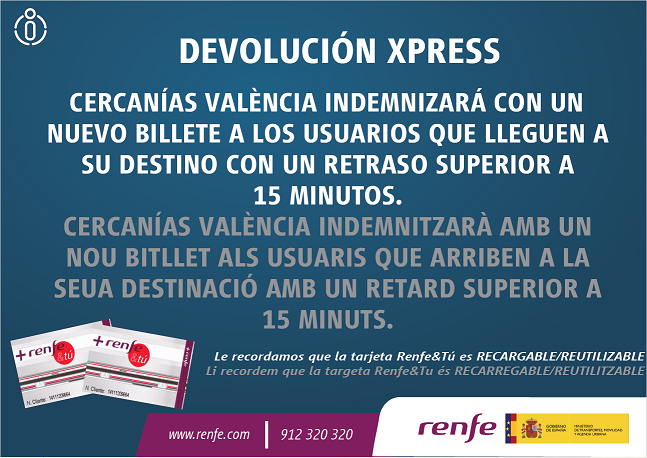 CercaniasVLC's tweet photo. DEVOLUCIÓ XPRESS

Cercanías València indemnizará con un nuevo billete a los usuarios que lleguen a su destino con un retraso superior a 15'. 

Cercanías València indemnitzarà amb un nou bitllet als usuaris que arriben al seu destí amb un retard superior a 15'. https://t.co/6rBBtIKALs