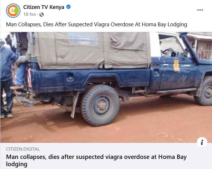 AfricanA_Radio's tweet photo. Interesting how some men are willing to risk their lives just to impress their lovers on bed!
May he rest in peace!
Photo courtesy: @citizentvkenya on Facebook.
#ViagraOverdose | Bomas | Greenwood | Amina | #Tusidanganyane | Ngannou https://t.co/NBZoxCfXYD