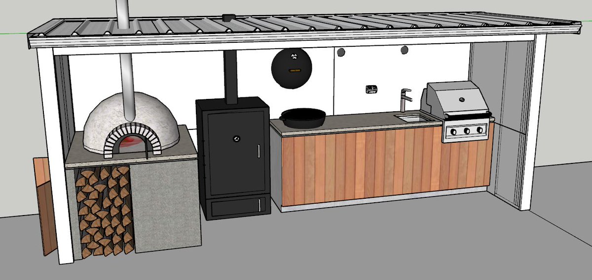 Dunofrey's tweet photo. @bbqandtech @bigChrisAshley @RodSimmons  Hey team, finishing off my design for my outdoor BBQ area. I have a limited length (about 5m/16ft) to fit in everything. I'm planning on a pizza oven, smoker, kettle (for searing mainly) prep area, sink and a small gas BBQ for simple jobs. https://t.co/H9PoEDGHdB