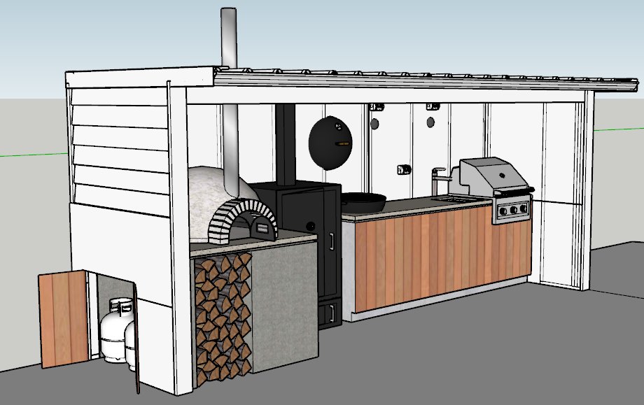 Dunofrey's tweet photo. @bbqandtech @bigChrisAshley @RodSimmons  Hey team, finishing off my design for my outdoor BBQ area. I have a limited length (about 5m/16ft) to fit in everything. I'm planning on a pizza oven, smoker, kettle (for searing mainly) prep area, sink and a small gas BBQ for simple jobs. https://t.co/H9PoEDGHdB