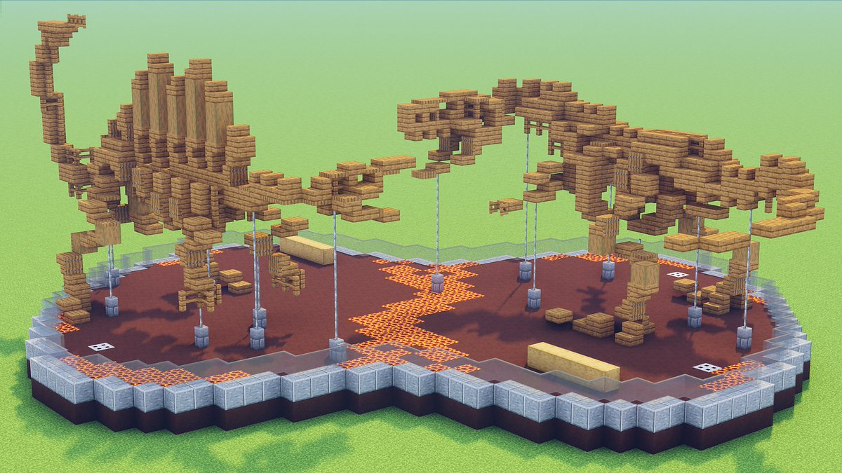 宝条みちる Minecraft Rt Bure Mc マイクラ恐竜化石シリーズ 番外編a ティラノサウルスとスピノサウルスを組み替えて 縄張り争い の構図を作りました 新しい台座は最終決戦風 本体はシンプルな構造なので動きをつけやすいです Minecraft