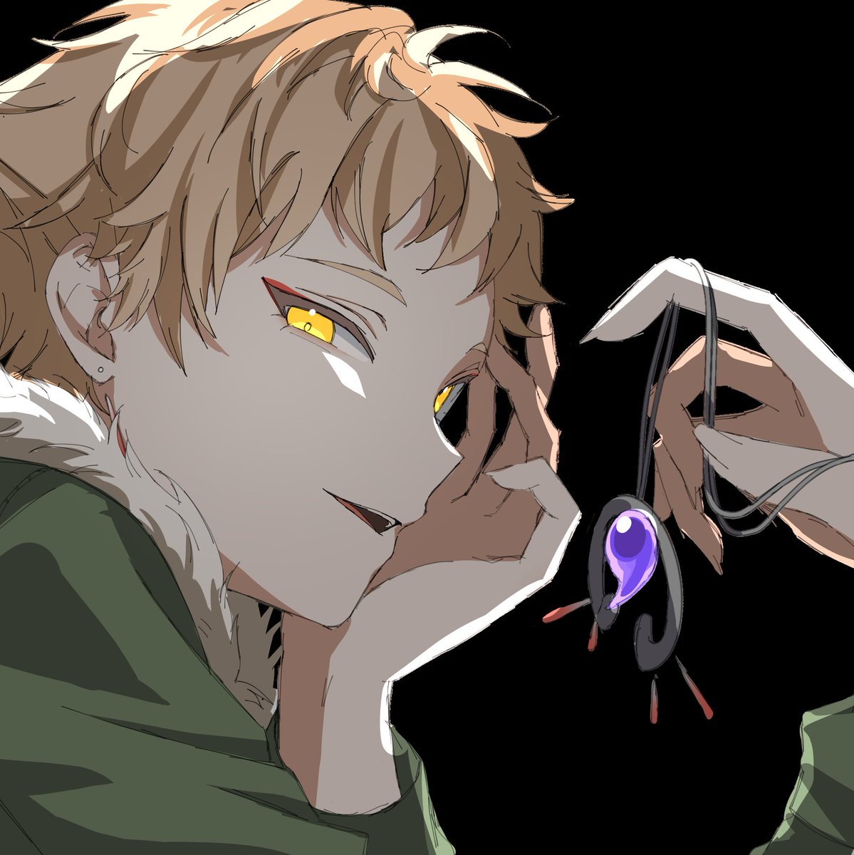 1boy male focus yellow eyes jewelry solo green jacket looking at viewer  illustration images