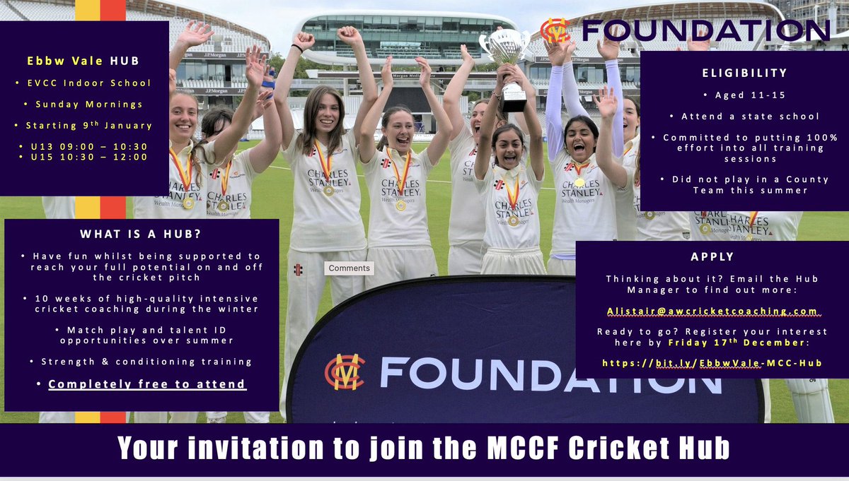 Ebbw Vale CC (@ebbwvalecc) on Twitter photo We are pleased to be hosting an MCC Foundation Hub <a href="/evccindoor/">@ebbwvaleindoorschool</a> for Girls
⏰U13: 09:00 - 10:30
📅 Every Sunday for the next 8 weeks
Sign up below - Totally Free
bit.ly/EbbwVale-MCC-H…
<a href="/BGUsGirls/">BG UsGirls</a> <a href="/CricketWales/">Criced Cymru / Cricket Wales 🏏🏴</a> <a href="/BlaenauGwent/">Blaenau Gwent Online</a> <a href="/BGC4WPlus/">Blaenau Gwent Communities for Work Plus</a> We are pleased to be hosting an MCC Foundation Hub <a href="/evccindoor/">@ebbwvaleindoorschool</a> for Girls
⏰U13: 09:00 - 10:30
📅 Every Sunday for the next 8 weeks
Sign up below - Totally Free
bit.ly/EbbwVale-MCC-H…
<a href="/BGUsGirls/">BG UsGirls</a> <a href="/CricketWales/">Criced Cymru / Cricket Wales 🏏🏴</a> <a href="/BlaenauGwent/">Blaenau Gwent Online</a> <a href="/BGC4WPlus/">Blaenau Gwent Communities for Work Plus</a>