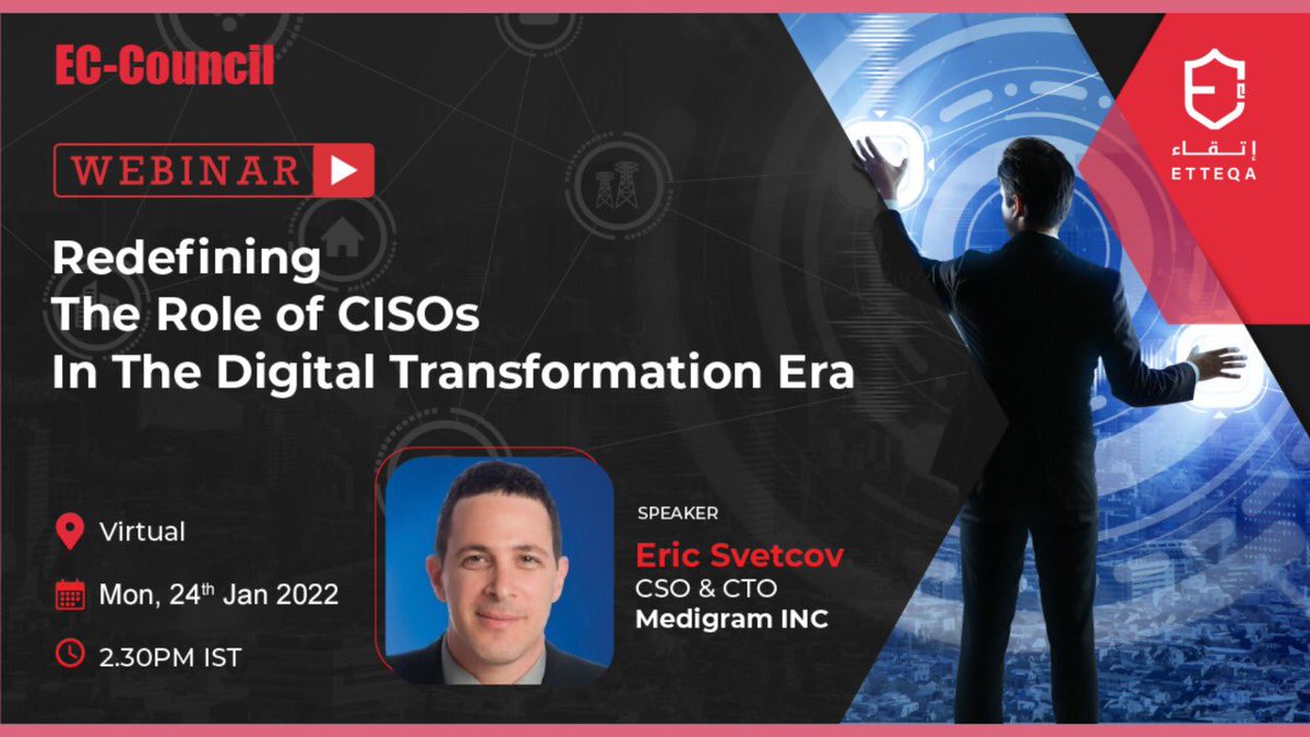 etteqa's tweet photo. CISOs and business leaders need momentum to quicken their journey by redefining their role as a digital leader. Join the webinar “Redefining The Role of CISOs In The Digital Transformation Era” as we bring to you an information.
Register Link: https://t.co/nA20BElQa8 https://t.co/CZcHrGG38B