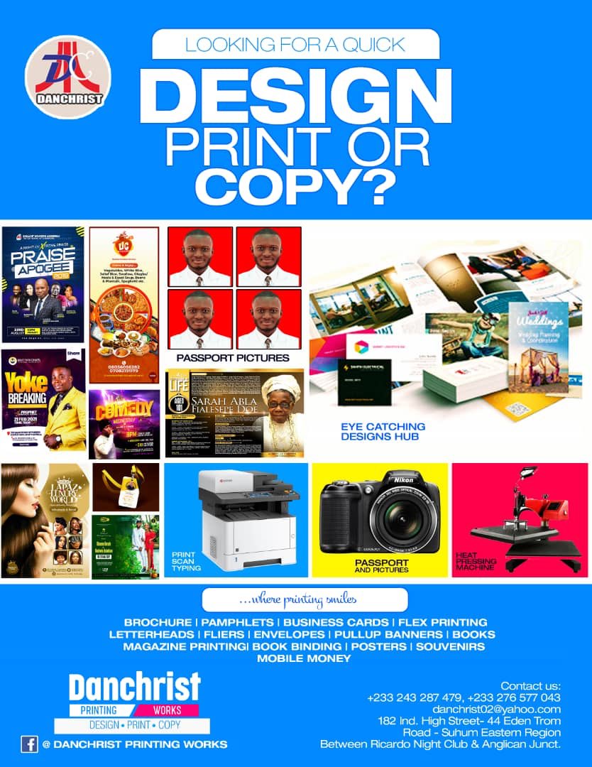 Monday,24th January, 2022, we shall open for business. Call/text for all your graphic designs, digital prints, copy, branding and many more. 0243287478/0276577043, Suhum.