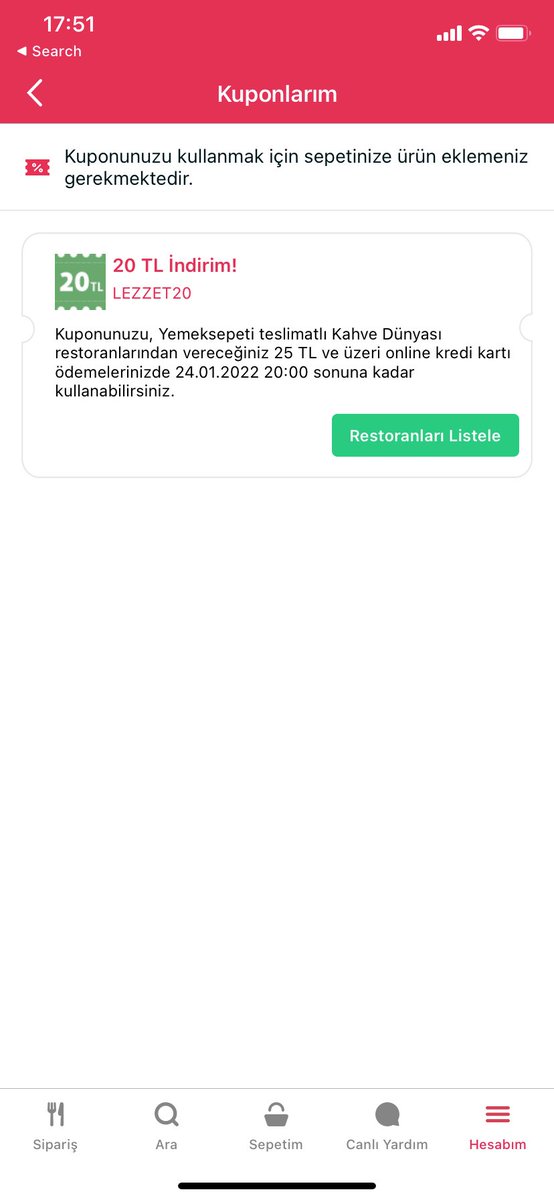 Kuponu kullanmak için sepete ürün eklemek yetmez ki