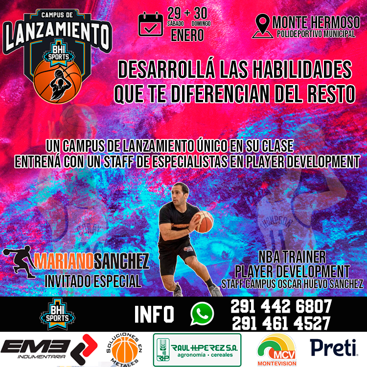 🥇¡DESARROLLÁ LAS HABILIDADES QUE TE DIFERENCIAN DEL RESTO!

No te pierdas la oportunidad de perfeccionar el tiro y las habilidades relacionadas a él en nuestro Campus de Lanzamiento, 29 y 30 de Enero en Monte Hermoso.
Invitado especial: Mariano Sanchez, NBA Trainer y Player Dev.