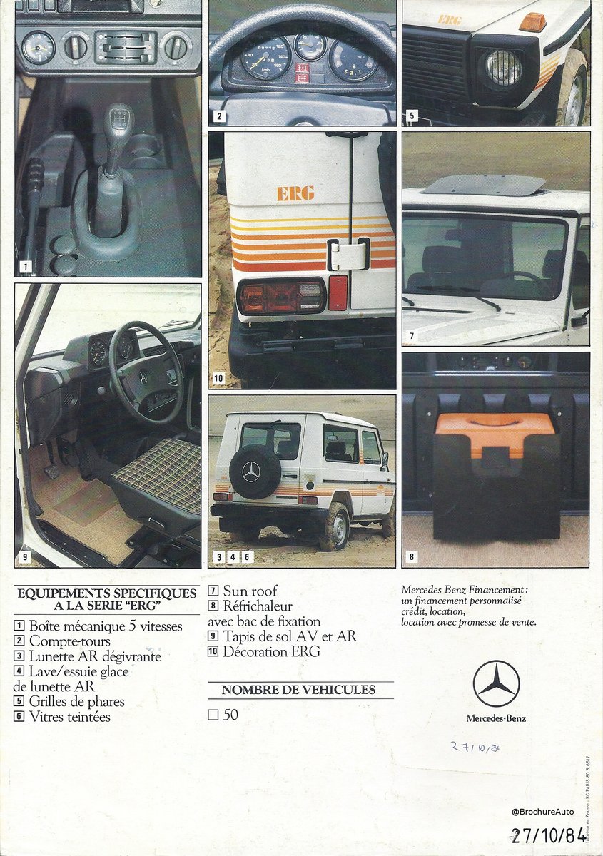 BrochureAuto's tweet photo. Mercedes 300 GD 4x4 Special Edition « ERG »
Production: 50 vehicles
With its name with African connotations, Mercedes was surfing on the wave of the Paris-Dakar Rally, which was in its heydays... #MercedesBenz #GKlass
(personal collection, 2 p., 27.10.84) https://t.co/Hdi0n3j8rM