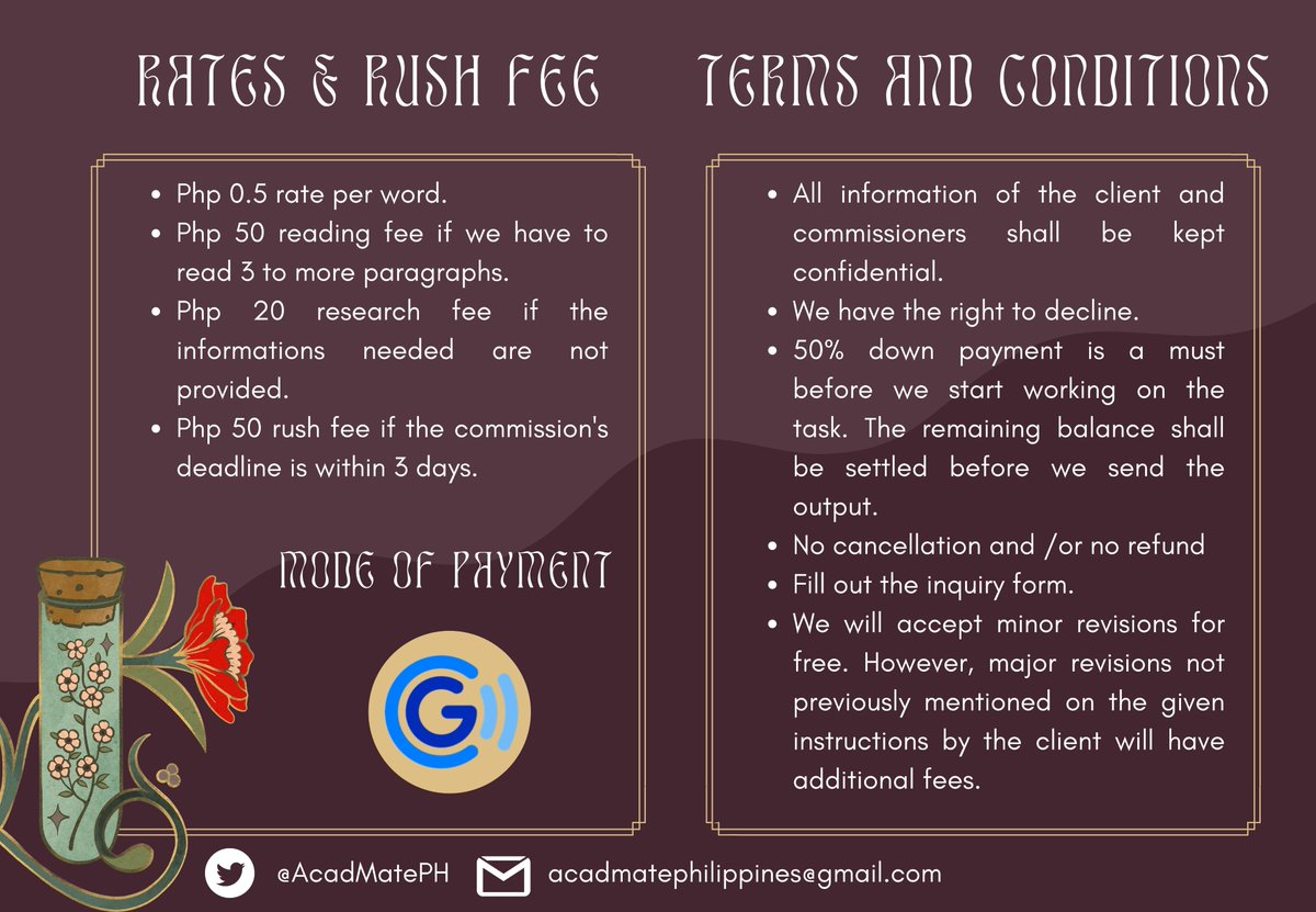 Are you looking for awesomeness and someone who can help with your academic journey? Look here. Not there. 'Cos we got it all for you .｡*

Hello everyone! We are AcadMate PH!🦋 Learn more about us and our services by checking our commission sheets! 

ʚїɞ feedback:#AcadMatePH