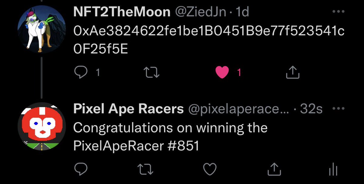 pixelaperacers's tweet photo. Our first winner for the 20 NFT giveaway. 19 more to go. #NFT #NFTGiveaway #win #cryptogiveaway #NFTProject #PolygonNFT #pixelaperacers https://t.co/39qAGTGrJy