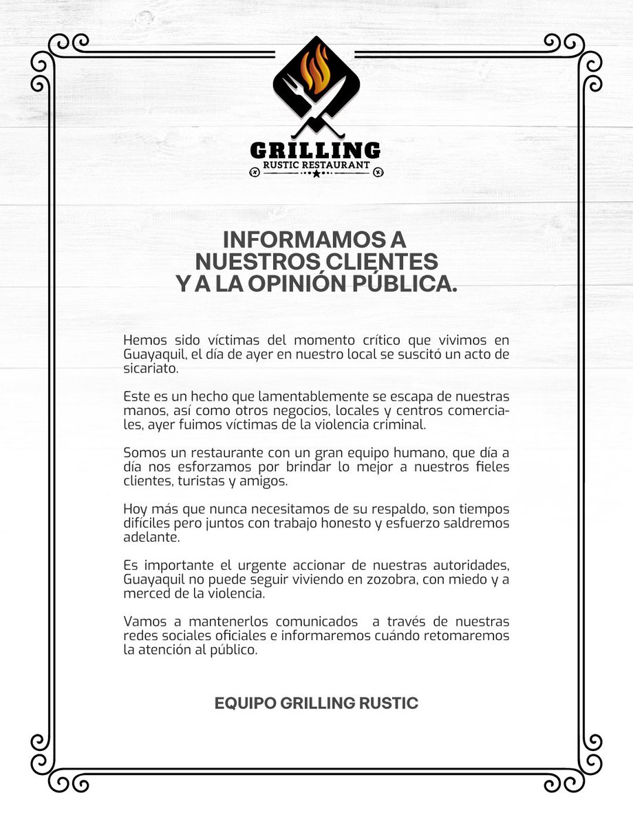 GrillingRustic's tweet photo. A nuestros clientes y a la opinión pública. 
Hoy más que nunca necesitamos de su respaldo. #QueremosVivirSinMiedo https://t.co/jU8jTopuD7