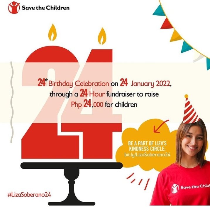 1 HOUR TO GO! 

Let’s support @lizasoberano's birthday fundraiser for @SaveChildrenPH! Let’s reach her goal of raising P24,000 in 24 hours TOMORROW - January 24. 

Donate at bit.ly/LizaSoberano24 ❤

#LizaSoberano24