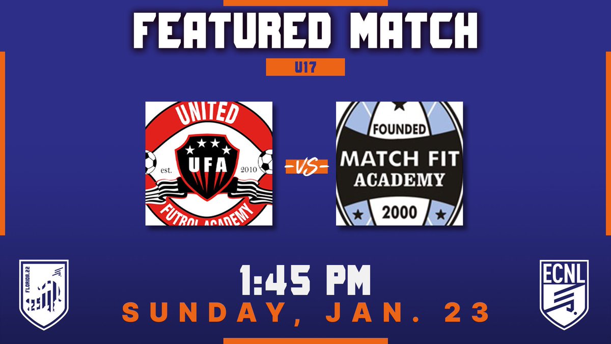 Featured Match 2️⃣
<a href="/MatchFitAcademy/">Match Fit Academy FC</a> 🆚 <a href="/UnitedFA_ECNL/">UFA ECNL</a> 
⌚️ 1:45pm 
📍 Sylvan Lake - Field D
📱 bit.ly/3tUSwUN
#️⃣ECNLFL

Follow this 🧵 for game updates and our IG for takeovers
