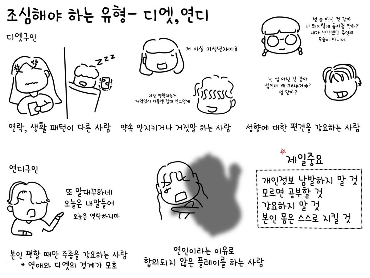 구인시 주의사항 및 조심해야 하는 유형
(추가사항이나 잘못된거 언제든 피드백환영)

+실제로 만나는 사람이 위험할 때를 대비해 연락할 에세머 지인이 없다면 저한테 말하셔도 됩니다
#구인만화 #구인시주의사항 #에세머 #sm정보 #BDSM #에셈만화 #일플 #플파 #디엣 #연디