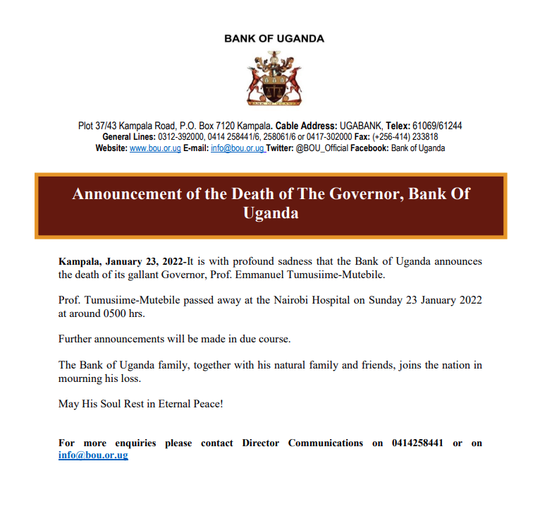 BOU_Official's tweet photo. Press Release: Announcement of the Death of The Governor, Bank of Uganda https://t.co/4N0tGHUEvT