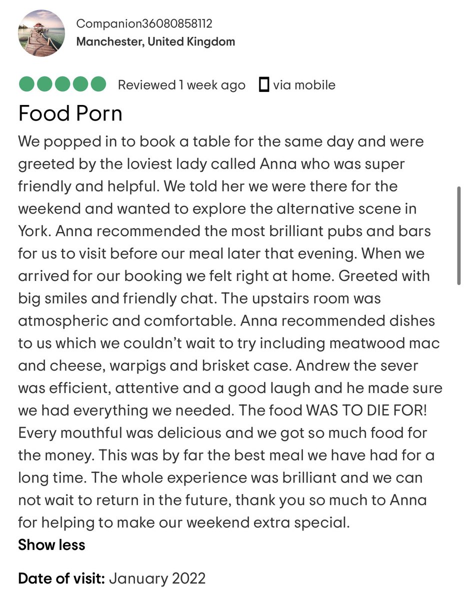 A lovely review from a customer in York who’s been to check out our new menu 🔥🦞🥩🤝⚡️🎹❤️🎸🍺🤩