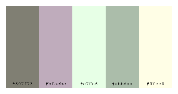 ColPaletteBot's tweet photo. Beep beep, here's a pretty color palette for you! 

color-scheme.js parameters used: 
- hue: 325
- variation: pale
- colors: #807f73, #bfacbc, #e7ffe6, #abbdaa, #fffee6

Have a lovely day!

#twitterbot #colorpalette #colors #palette #prettycolors https://t.co/K9TYCoZxW1