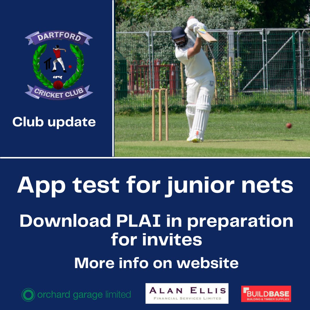 dartfordcricket's tweet photo. π¨ Important update for junior nets β¬οΈ
Parents/carers must download @PLAISport from the App/Google Play store - we will be using a booking system on the app to organise junior nets.
Full details on the Club website: https://t.co/V8Svqxwaow #COYD π― https://t.co/EKA0Y67qvT