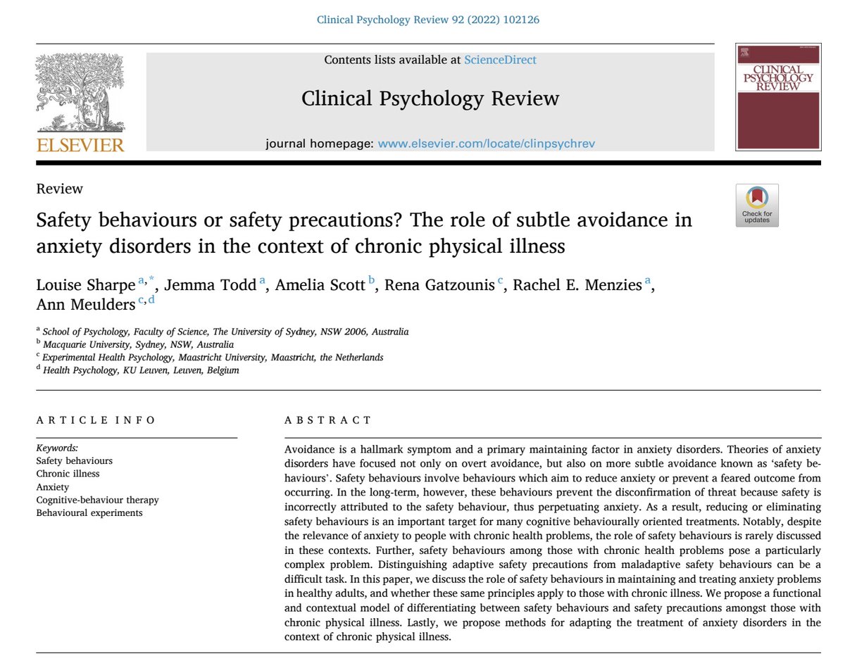 Dr Rachel Menzies (@rachelemenzies) on Twitter photo New pub alert! 🎉 Very excited to be part of this paper led by <a href="/LSharpeUSYD/">Louise Sharpe</a> on differentiating safety behaviours vs precautions in chronic illness. We propose a decision matrix to help care providers navigate this difficult issue.
Free download until 13/3:
sciencedirect.com/science/articl… New pub alert! 🎉 Very excited to be part of this paper led by <a href="/LSharpeUSYD/">Louise Sharpe</a> on differentiating safety behaviours vs precautions in chronic illness. We propose a decision matrix to help care providers navigate this difficult issue.
Free download until 13/3:
sciencedirect.com/science/articl…