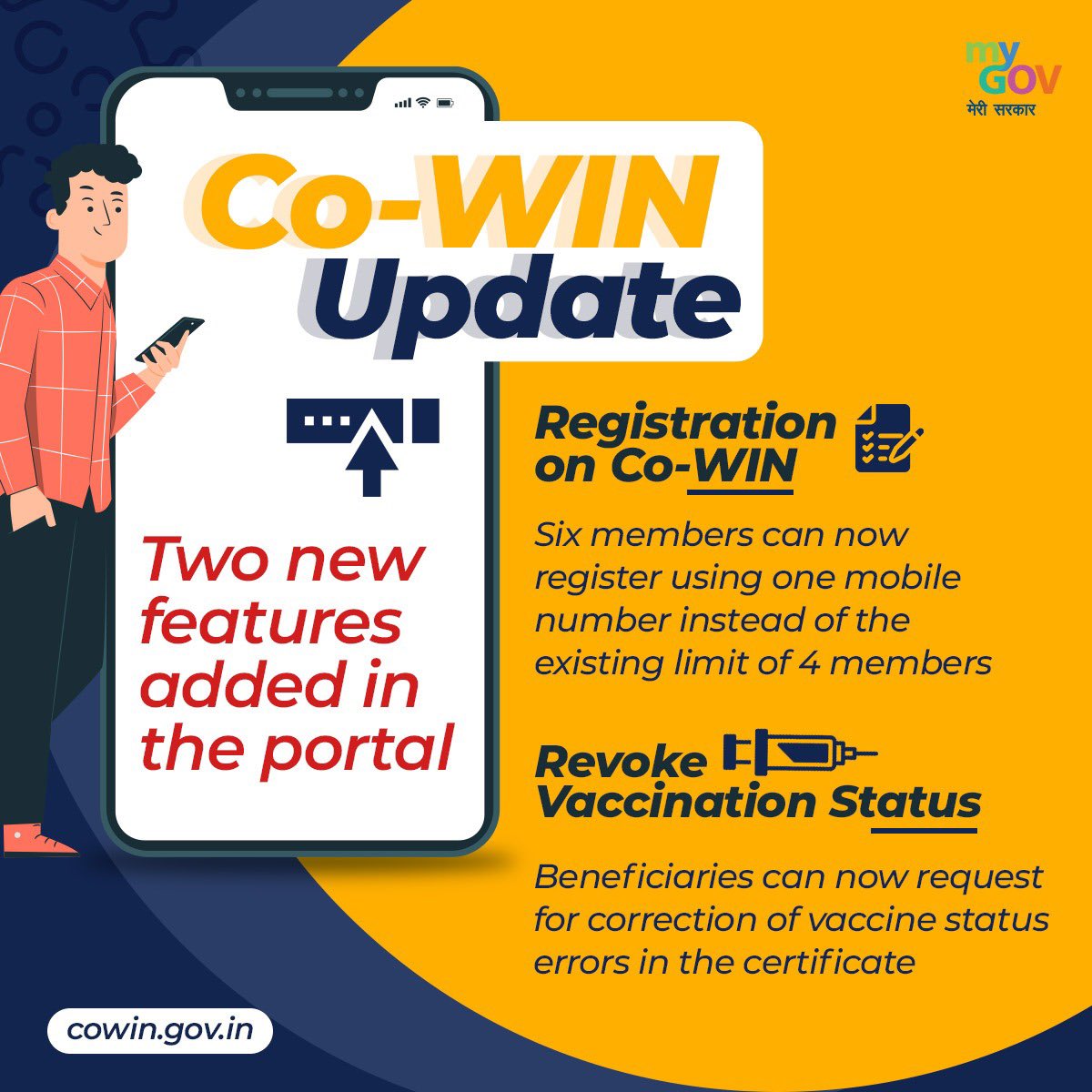 Two new features on the #CoWin portal: 
> 6 members can now register from one number
> Request for correction in certificate

Glance through to know more!
cowin.gov.in