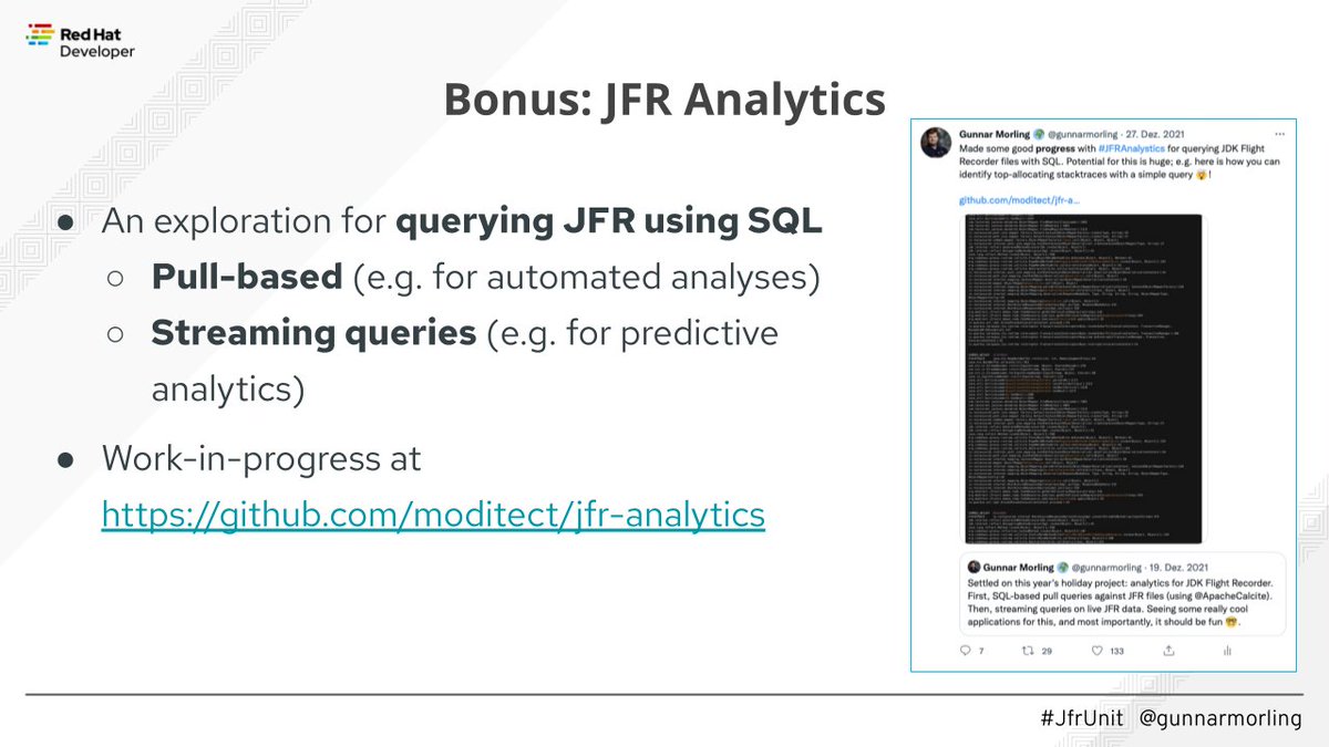 gunnarmorling's tweet photo. ๐ข Half-time for @JChampionsConf! Would love to see you for my session tomorrow, discussing performance regression testing with #JfrUnit. As a bonus, I'm planning to demo #JFRAnalytics (querying JFR with SQL) for the first time!
๐
Jan 24th, 4 p.m. CET
๐ https://t.co/tPSP68rQTP https://t.co/44Km4CYVYV