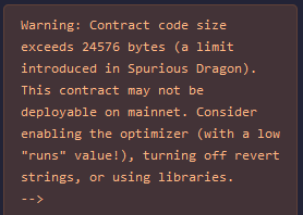 TanayAyitmaz's tweet photo. 1⃣ #Solidity 'de #EIP170 Contract Size limiti bulunuyor ve bu limit max 24576 btyes olmak zorunda. Sözleşme Byte kodunuzun alabileceği maksimum sınır bu. 

Solidity Version 0.8.9 'a kadar sadece Warning olarak max byte kod sınırı aştınız uyarısı alabiliyorduk. https://t.co/HlkuM8jMgc