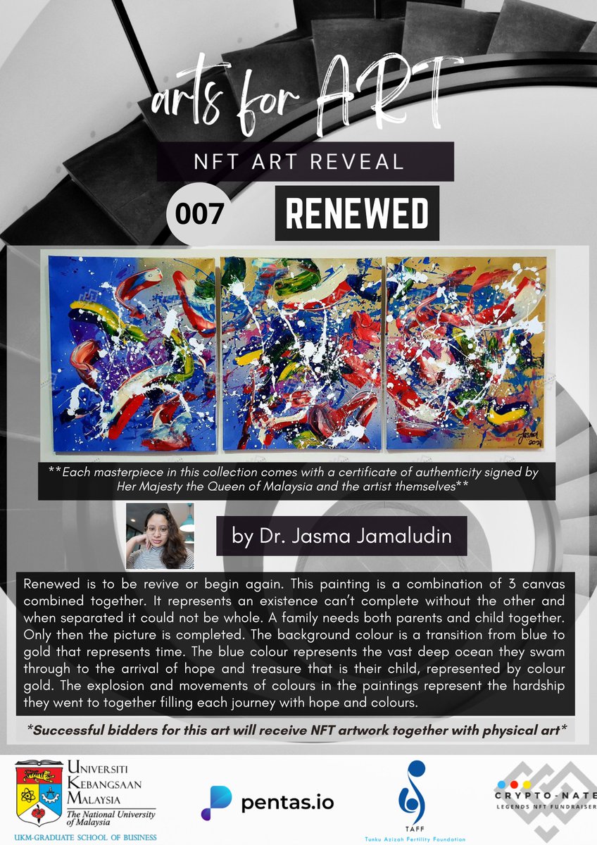 NFT_cryptonate's tweet photo. ❤ART REVEAL SPECIAL❤
OO7 RENEWED
Interesting work by the artist, artby.jasma. The painting comes with the physical art, 3 canvas combined together, as a symbol of a parent and a child that will complete each other and cannot be separated. https://t.co/1f66UoVaIH