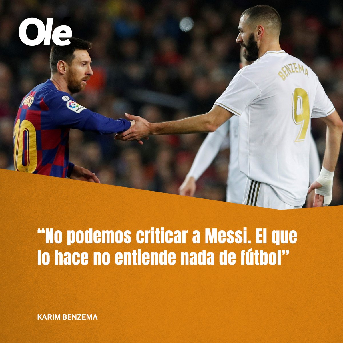 DiarioOle's tweet photo. ⚽️🔟 "No podemos criticar a Messi. El que lo hace no entiende nada de fútbol".

✍️ Karim Benzema, en Téléfoot. https://t.co/FZGypgNfA4
