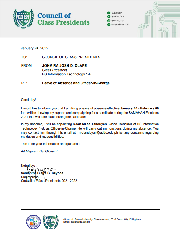Mush1ro's tweet photo. FYI | I, Johmira Josh D. Olape, am filing my leave of absence as the Class President of BS Information Technology 1-B starting January 24 for I will be participating in the upcoming SAMAHAN Central Board Elections.

For widest dissemination. https://t.co/6RurNUpgS7