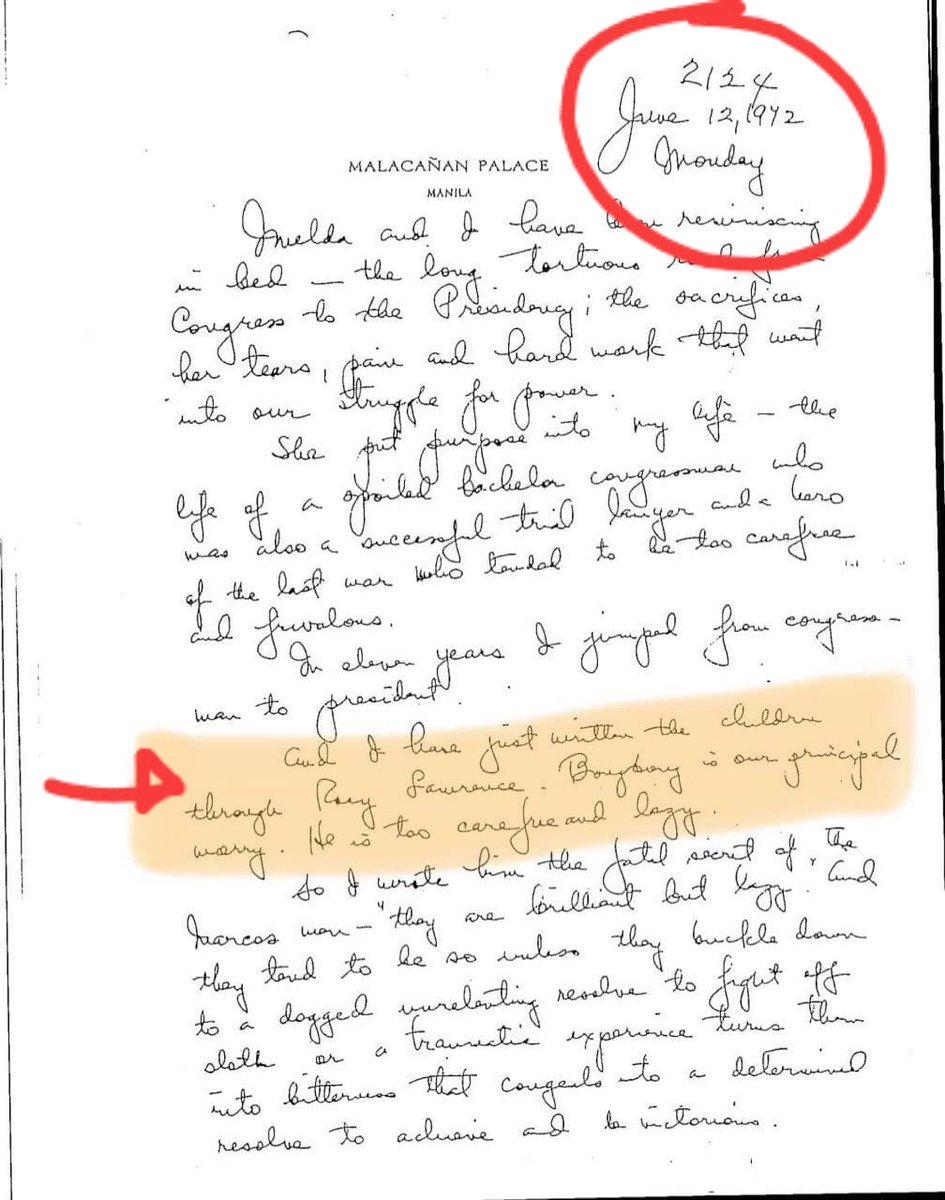 CallMeCharlie6's tweet photo. "Bongbong is our principal worry. He is too carefree and lazy."
-Ferdinand E. Marcos, June 12, 1972 entry

It is highly possible that #BBM/#FMjr has serious father issues.

His obsession to win this election might reflect his need for validation.

#Halalan2022
#Pilipinas https://t.co/VBHKi5pXfA