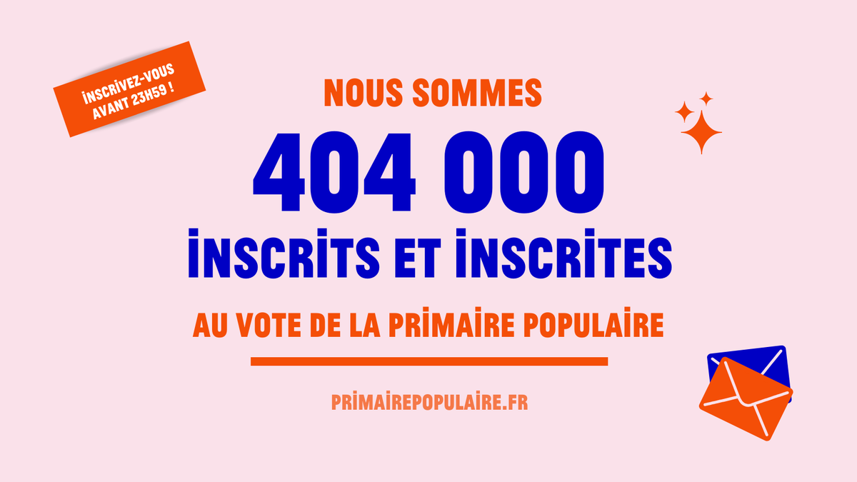 Incroyable ! Nous avons dépassé les 400.000 inscrits et inscrites ce midi 🎉

🟠Il ne vous reste plus que quelques heures pour vous inscrire alors foncez sur primairepopulaire.fr et ensemble, faisons basculer cette élection présidentielle !

#PrimairePopulaire