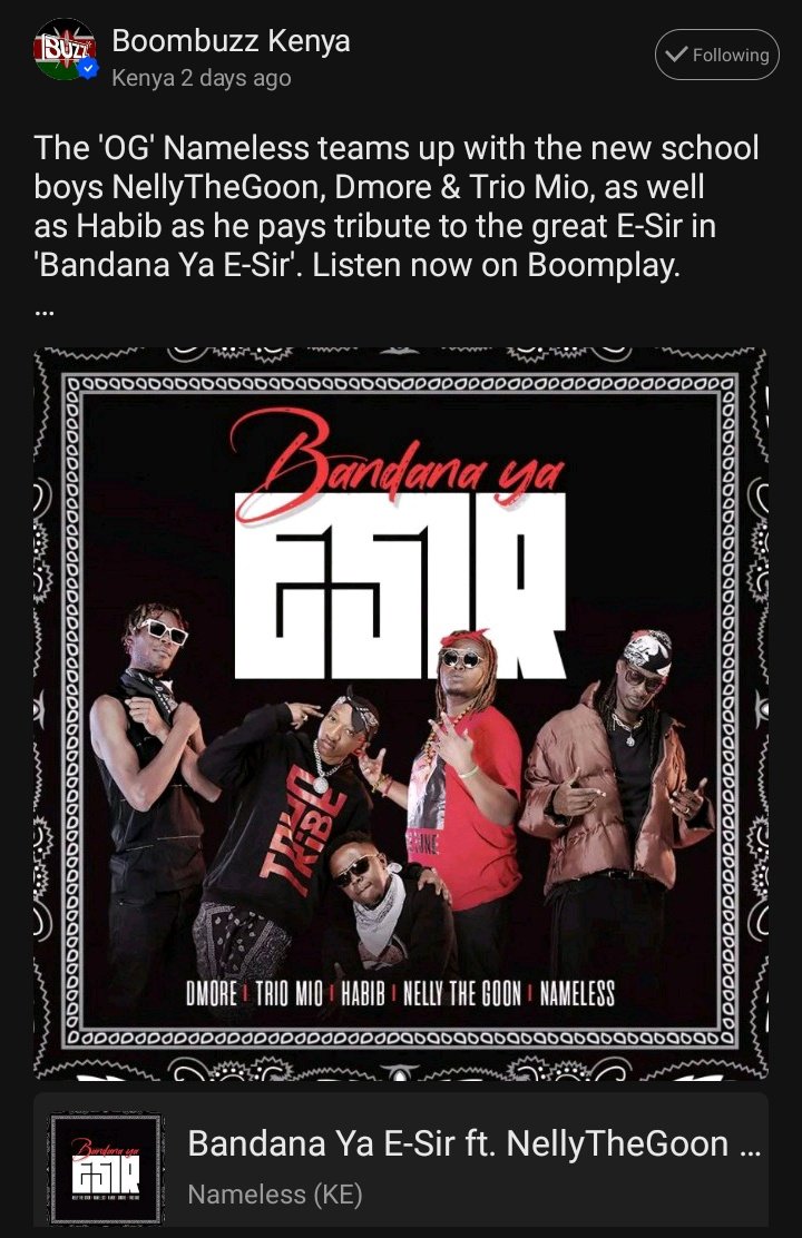 Boomplay_kenya's tweet photo. Whose verse is your favourite in #BandanaYaEsir?
#DMore x @TriomioOfficial x #Habib x @namelesskenya x #Nellythegoon
Keep streaming on @BoomplayMusicKE ๐๐พ https://t.co/YLgxv2q3nt https://t.co/1IYUiG5U9R