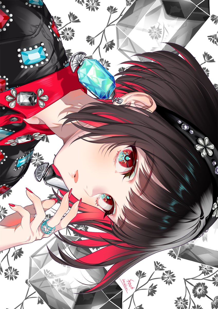 1girl jewelry solo red hair earrings black hair red eyes  illustration images