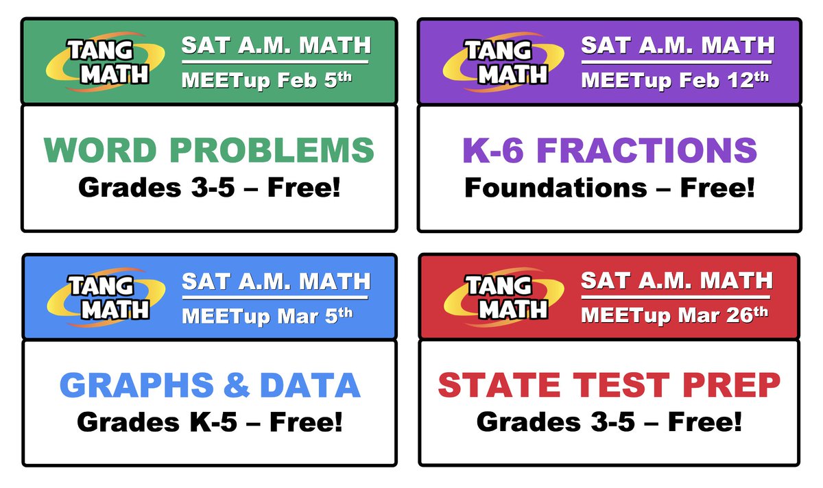 4 more SAT MATH MEETups! Why? Because we need systematic &amp; sensible strategies that are all connected.

Join us as we explore and build CONNECTIONS between CONCEPTS within &amp; across grade levels. Comprehensive. Consistent. Common sense. Join us!

TangMath.com/UIP