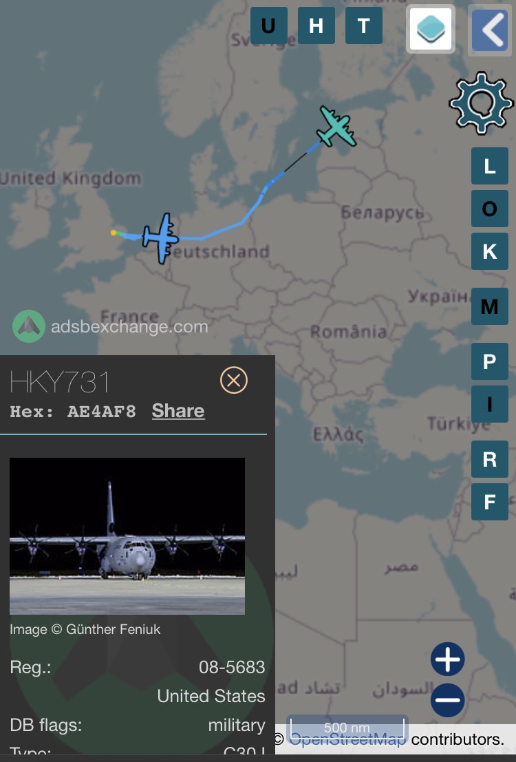 RedIntelPanda's tweet photo. Pair of USAF C-130βs making trip from RAF Lakenheath (#UK) to #Estonia:
HKY729, 16-5840, #AE5DFC
HKY731, 08-5683, #AE4AF8 https://t.co/gnPlOMRV2A